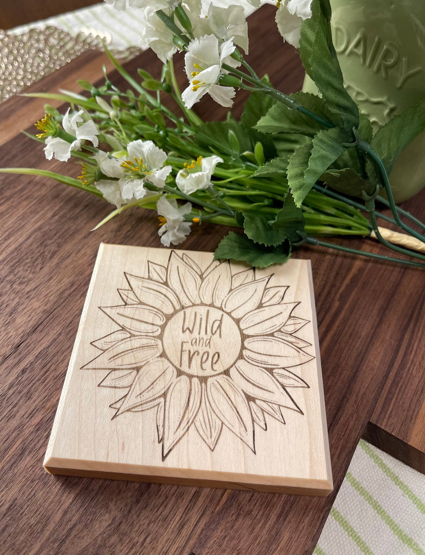 wood coasters | farmhouse coasters | rustic maple coasters | wooden coasters | sunflower coasters | honey bee coasters | engraved coasters