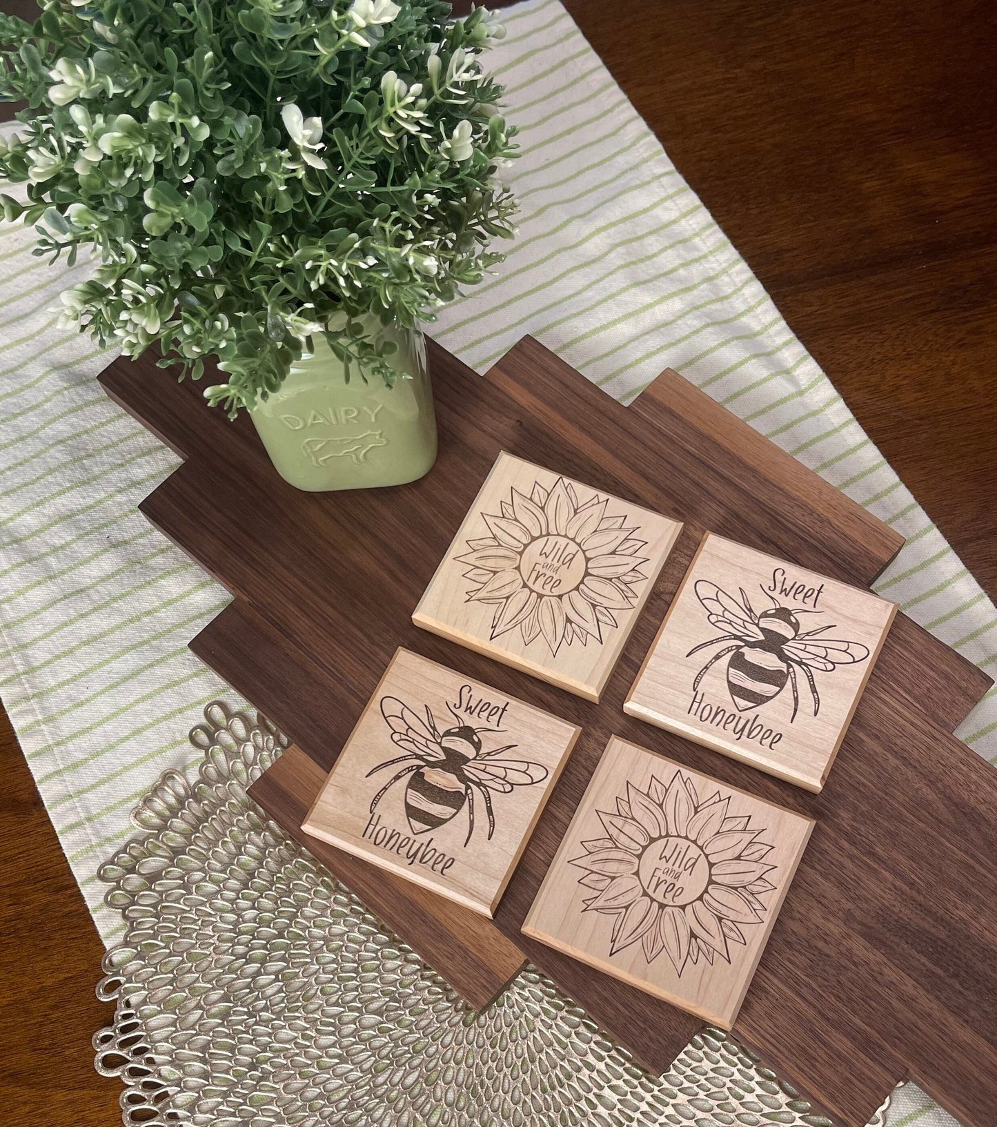 wood coasters | farmhouse coasters | rustic maple coasters | wooden coasters | sunflower coasters | honey bee coasters | engraved coasters