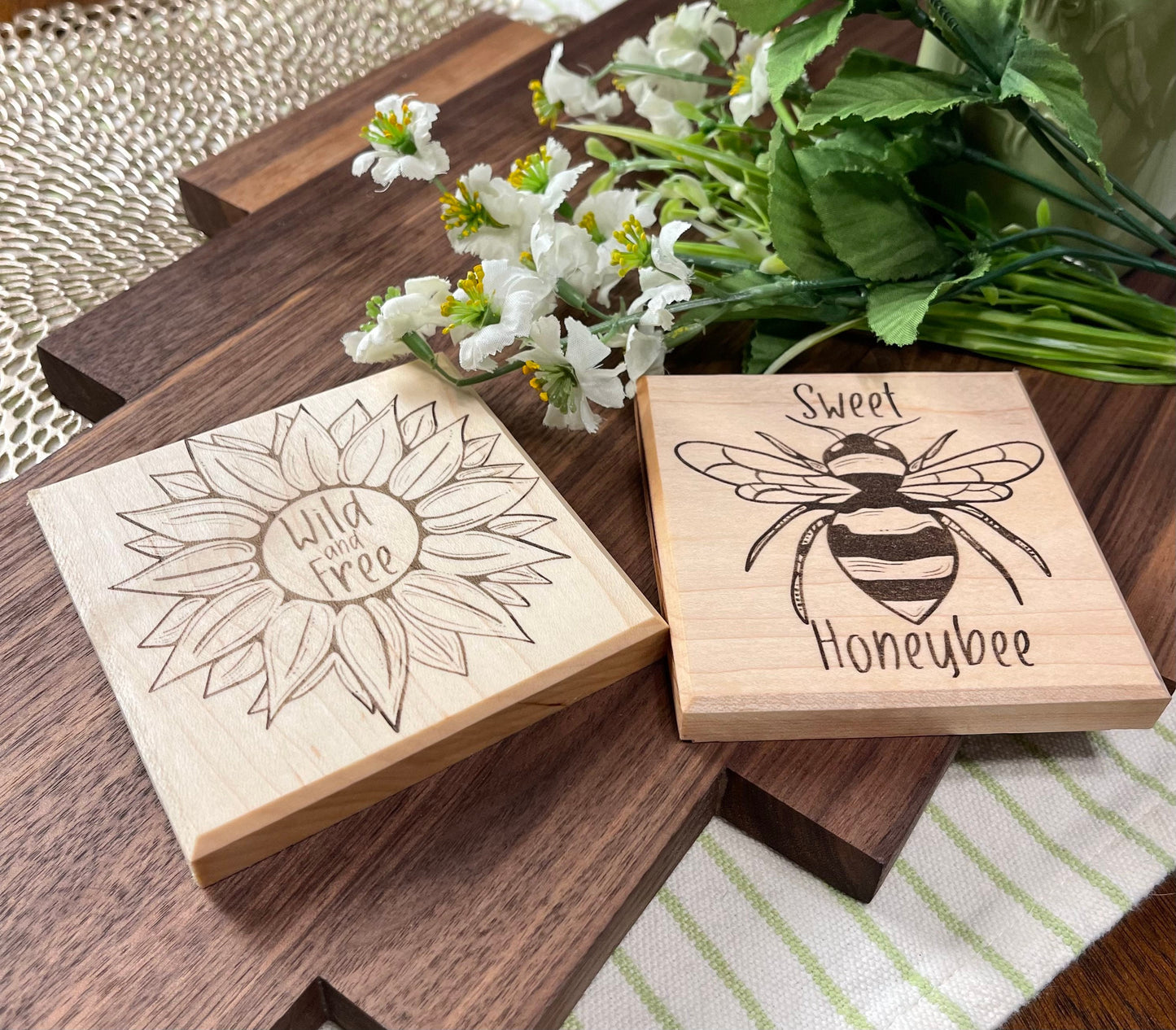 wood coasters | farmhouse coasters | rustic maple coasters | wooden coasters | sunflower coasters | honey bee coasters | engraved coasters