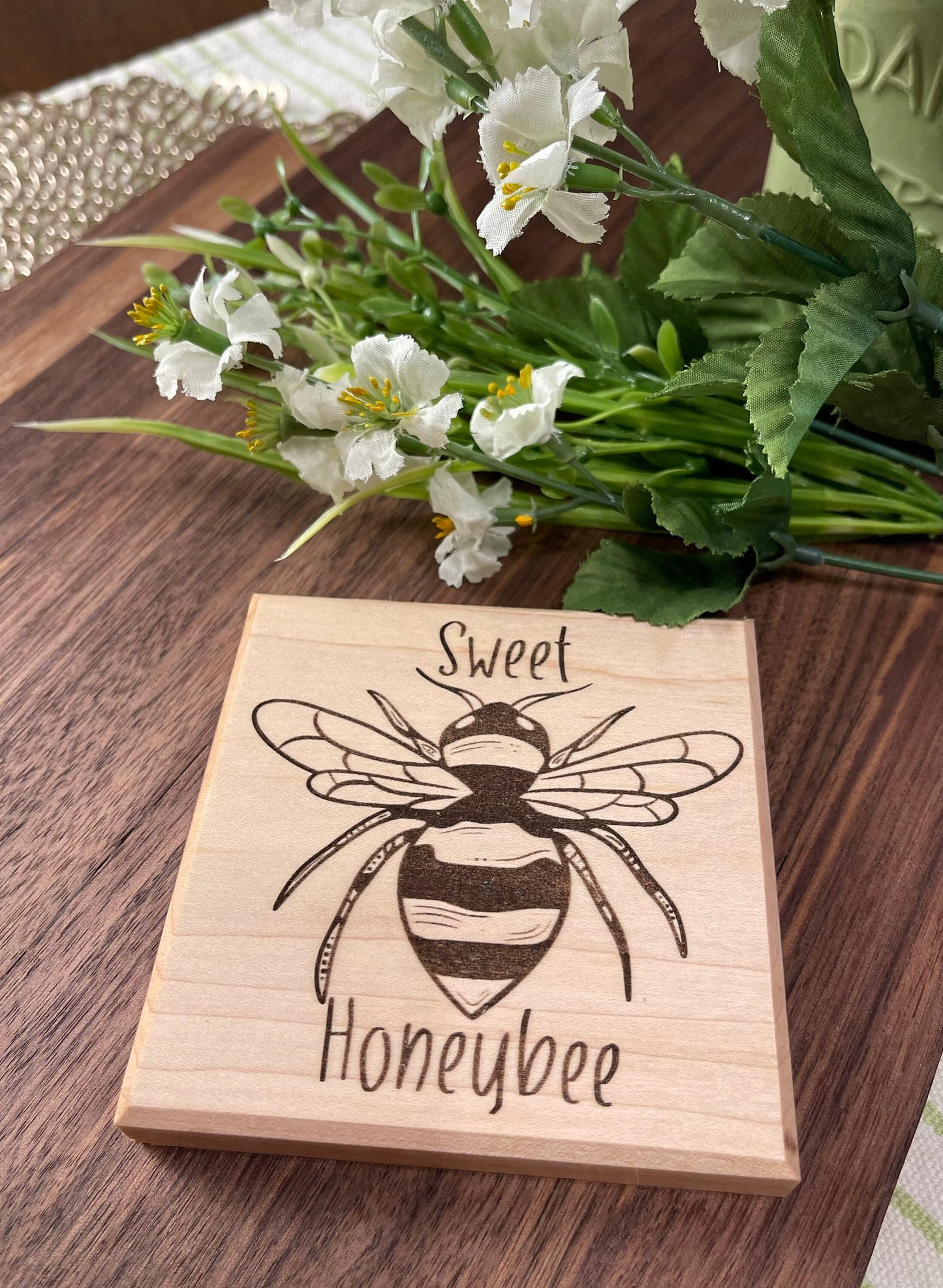 wood coasters | farmhouse coasters | rustic maple coasters | wooden coasters | sunflower coasters | honey bee coasters | engraved coasters