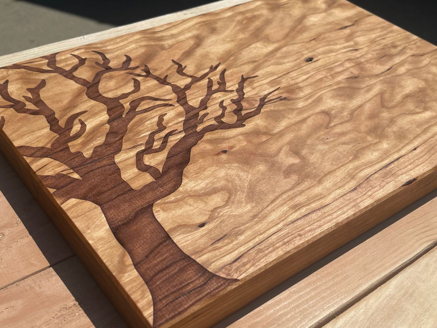 cherry cutting board / cutting board/ engraved tree / custom cutting board/ curly cherry / laser engraved