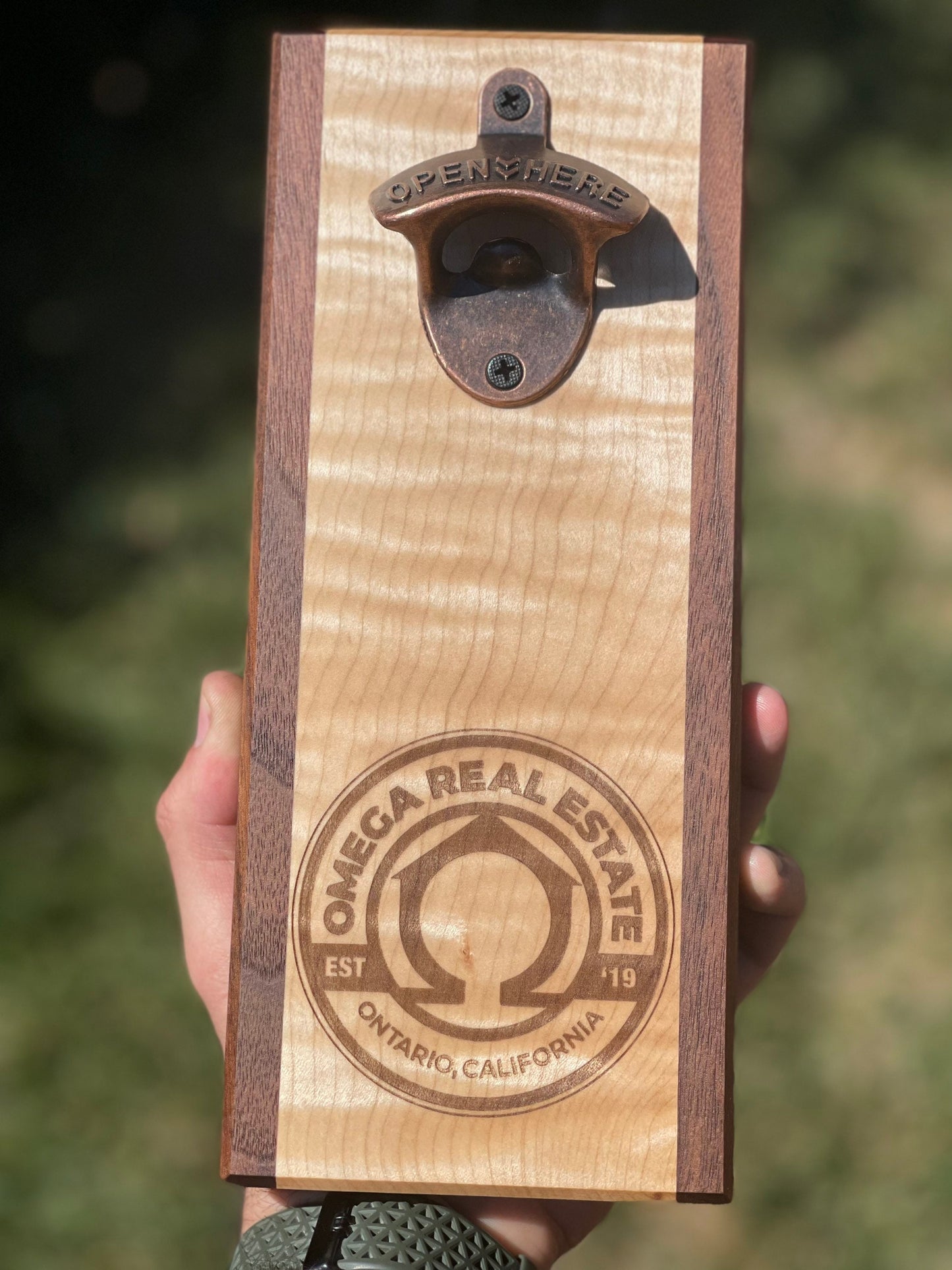 Personalized Bottle opener / gifts / curly maple and walnut bottle opener / magnetic cap catch / laser engraved