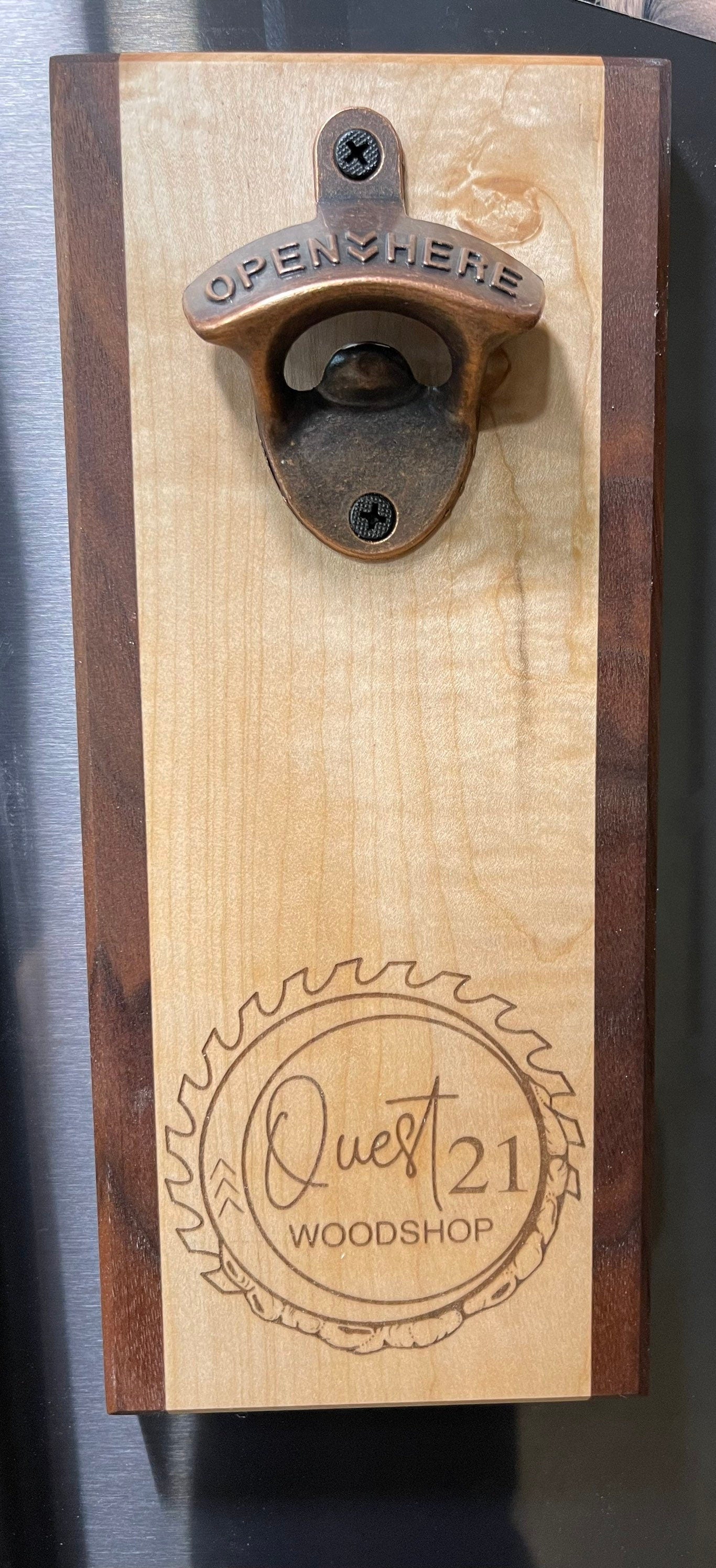 Personalized Bottle opener / gifts / curly maple and walnut bottle opener / magnetic cap catch / laser engraved