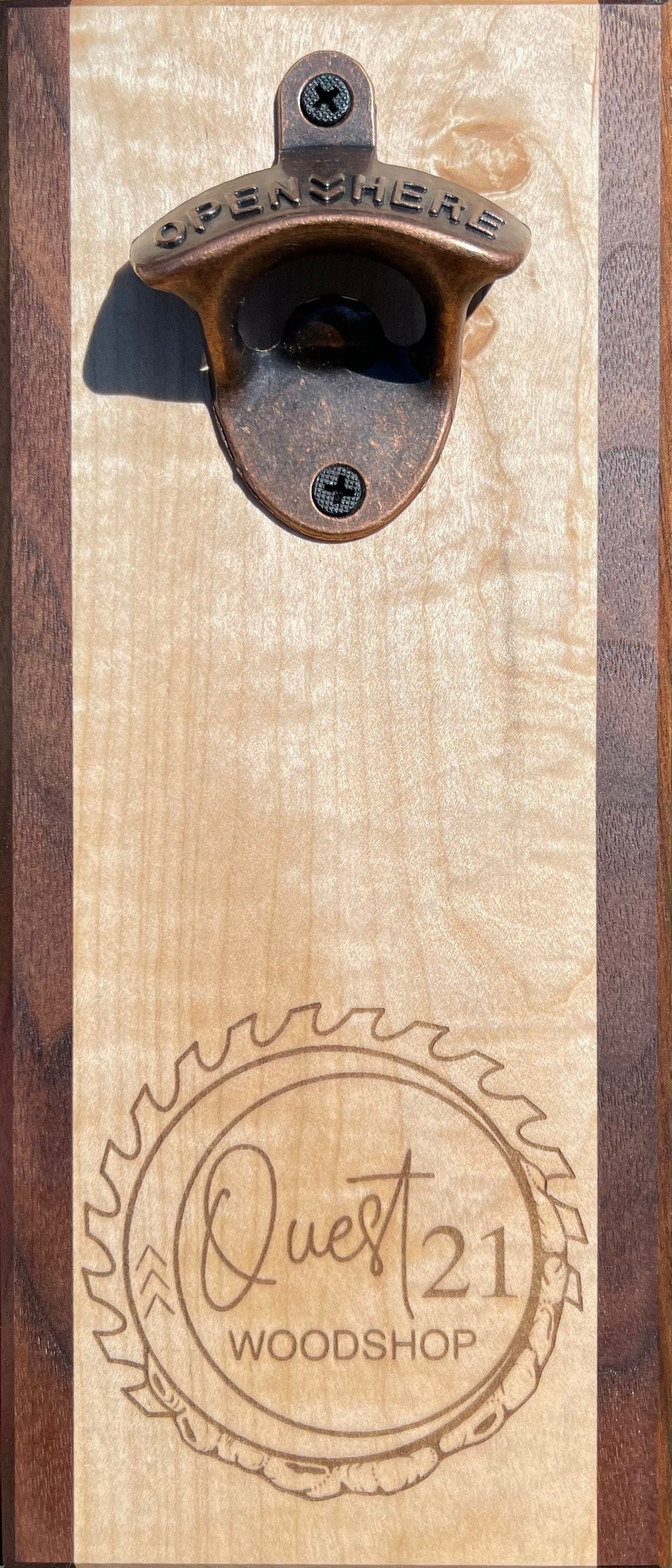 Personalized Bottle opener / gifts / curly maple and walnut bottle opener / magnetic cap catch / laser engraved